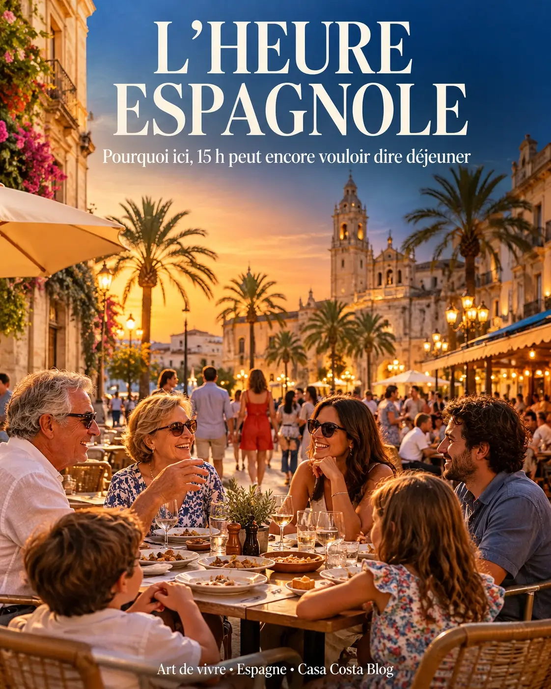 Cartel «La hora española»: una familia sentada en una terraza de una plaza española al atardecer