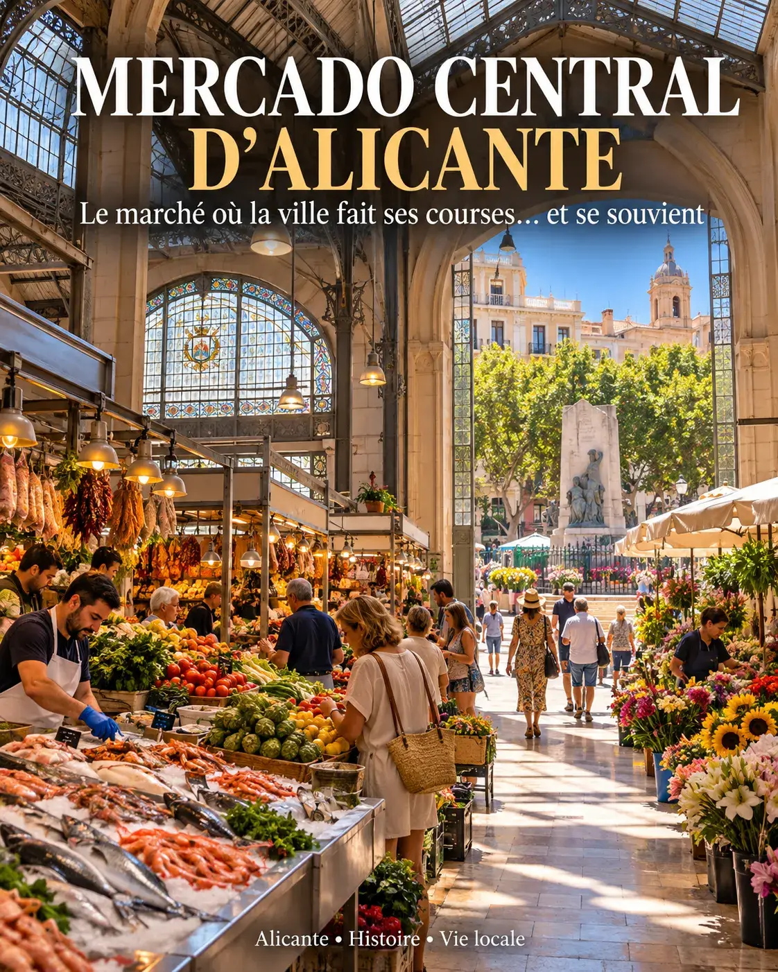 Poster ‘Mercado Central, Alicante’: fish, vegetable and flower stalls under the market’s glass roof