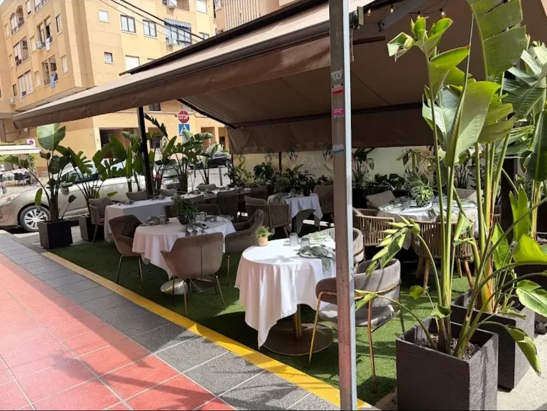 Terrasse du Restaurante Luka à Guardamar del Segura, avec ses grandes plantes vertes, ses tables nappées de blanc et ses fauteuils, au bord du trottoir