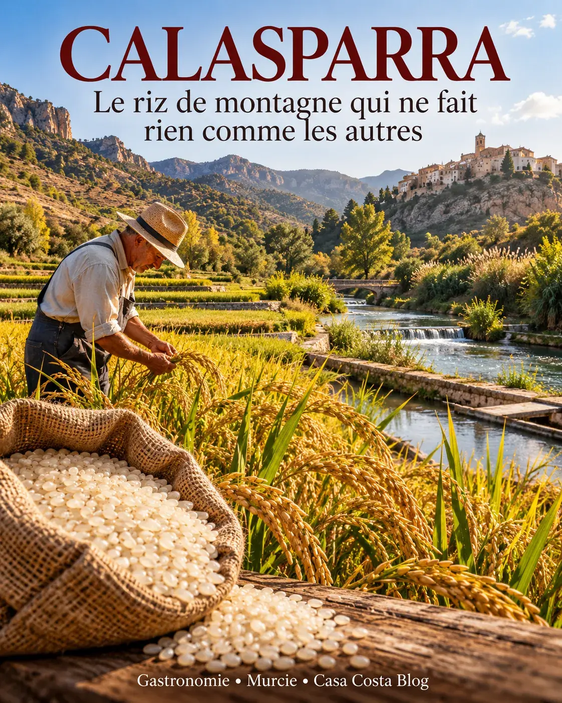 Affiche « Calasparra — le riz de montagne qui ne fait rien comme les autres » : un sac de riz, des épis dorés et un riziculteur au bord de la rivière