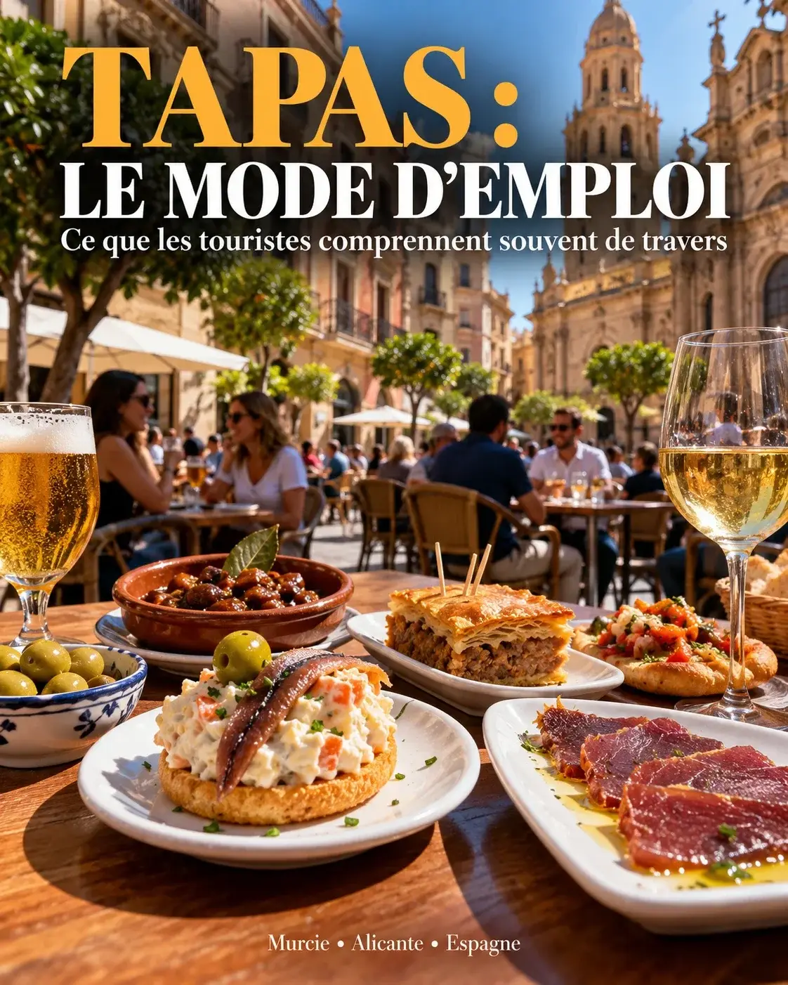 Affiche « Tapas : le mode d’emploi — ce que les touristes comprennent souvent de travers » : table de tapas en terrasse devant la cathédrale de Murcie