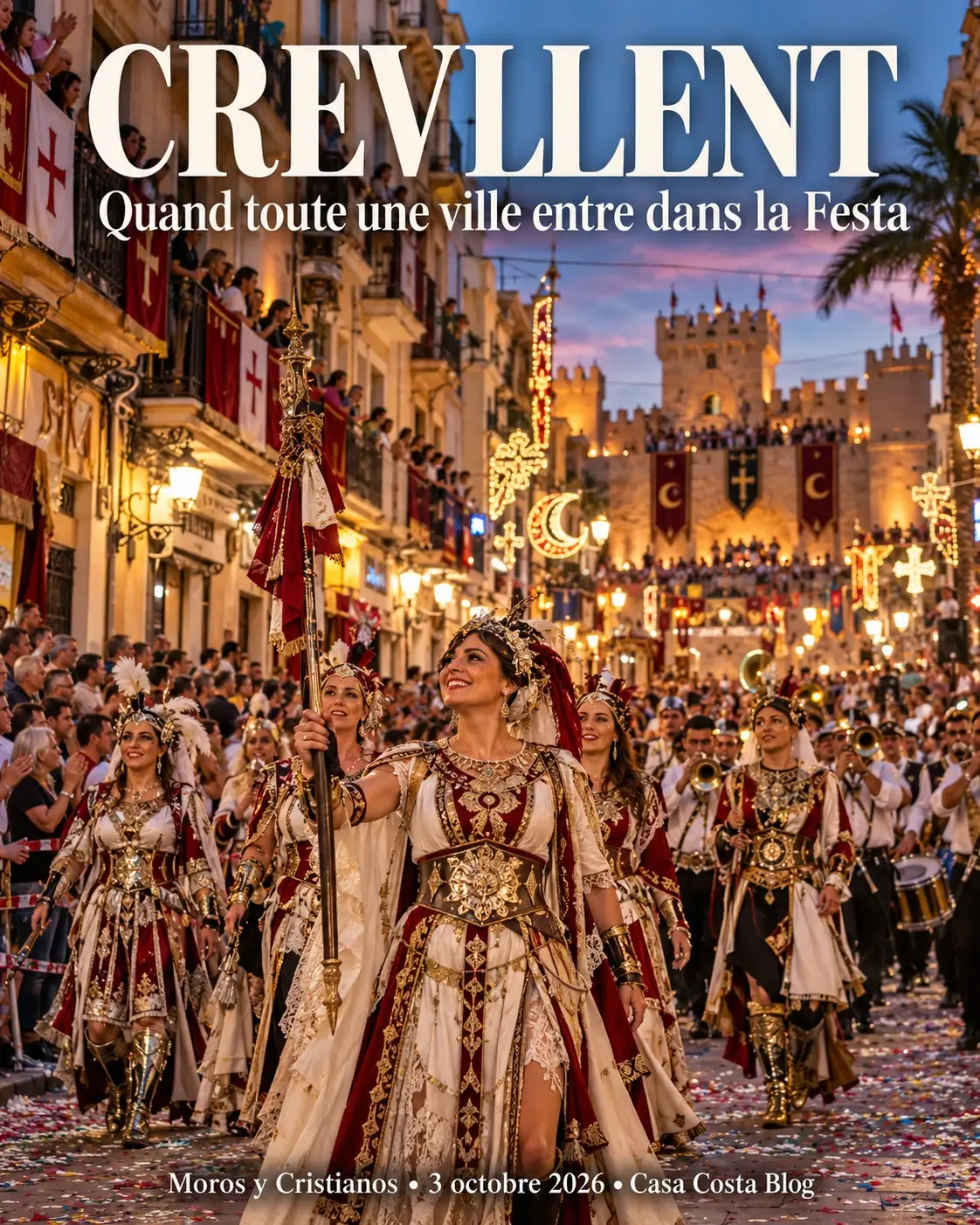 Cartel «Crevillent»: desfile de Moros y Cristianos con trajes de gala en una calle iluminada, al pie del castillo