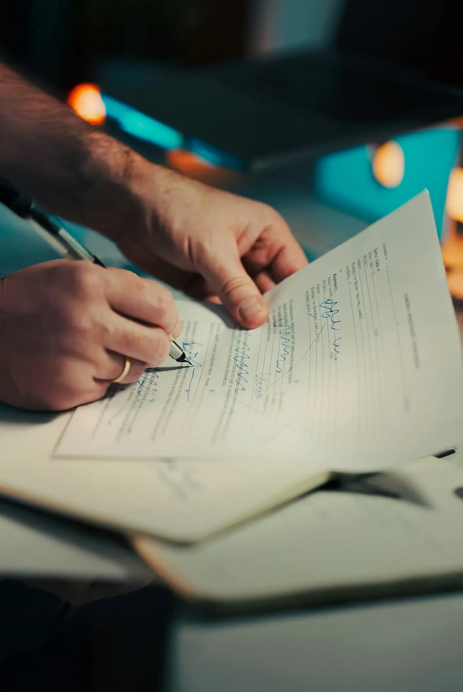 Main signant un formulaire administratif avec un stylo