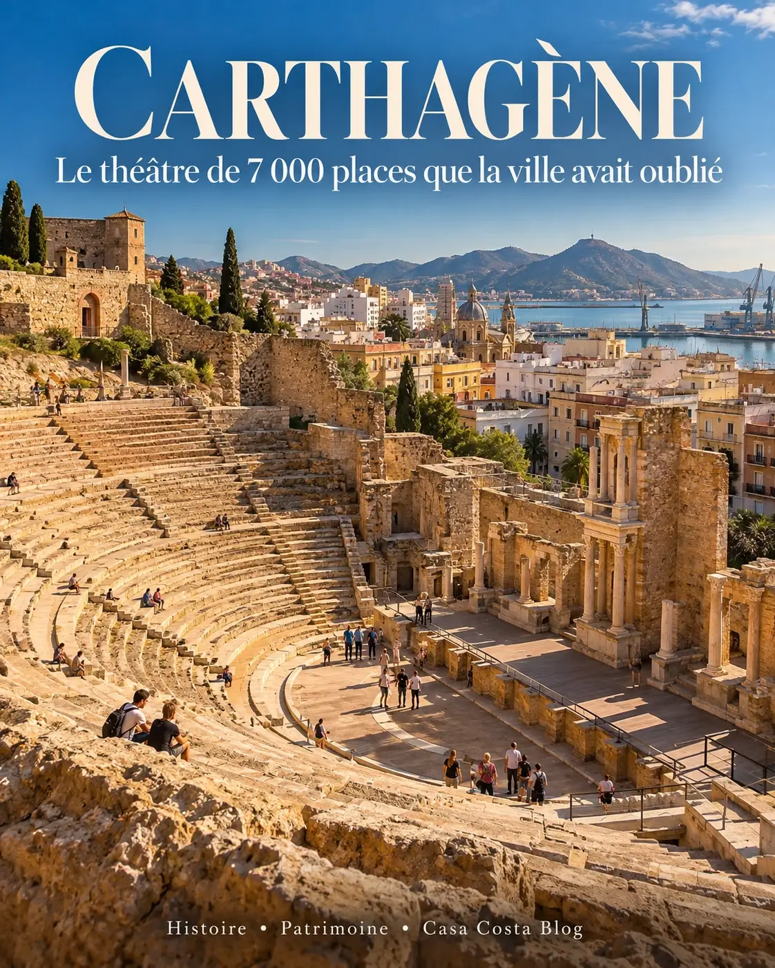 Affiche « Carthagène — le théâtre de 7 000 places que la ville avait oublié » : les gradins du théâtre romain, la ville et le port en arrière-plan