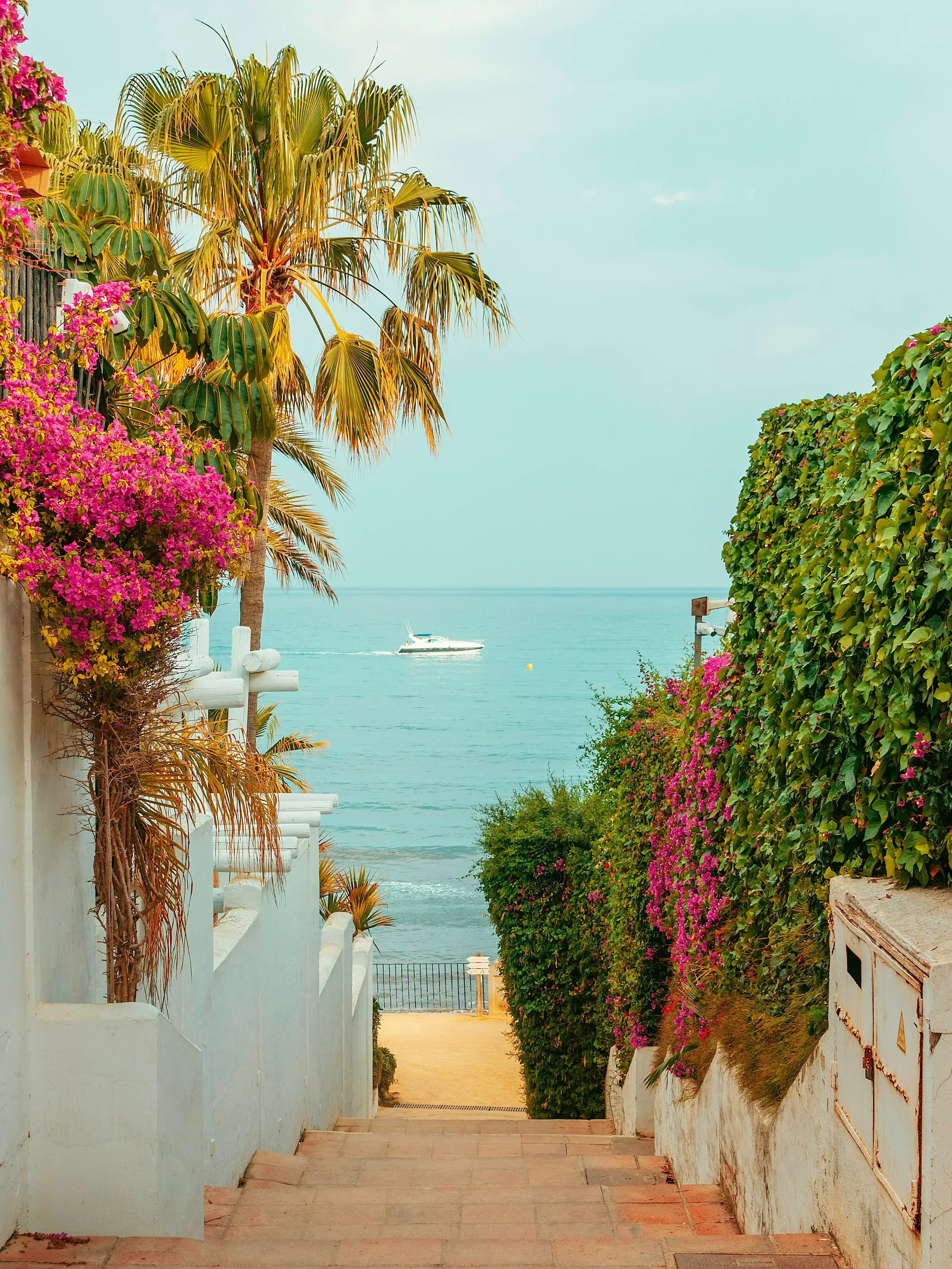 Escalier fleuri de bougainvilliers descendant vers la mer turquoise